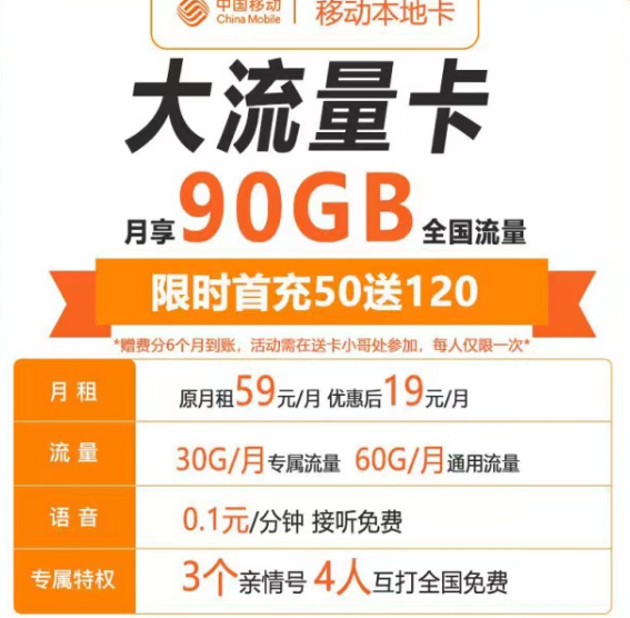 最實惠的流量卡有哪些？移動本地卡19元90G+親情號|海棠卡19元180G流量|首月免費
